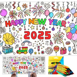 Zkaoai Paper Tablecloth for Colouring, New Year's Eve Tablecloth 2025, Happy New Year Colouring Tablecloth, Colouring Tablecloth Children 183 x 76 cm and 12 Colouring Pencils, New Year's Eve Crafts