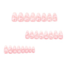 IMRAIN Almond Press on Nails Medium Glossy Pink Fake Nail Tips Clouds & Star Moon Designs Full Cover Gel Acrylic False Nails Cute Artificial Glue on Nails for Women Girls 24Pcs