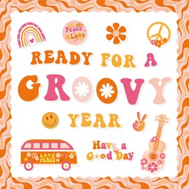 Whaline 60Pcs Groovy Retro Boho Bulletin Board Kit Pink Orange Groovy Bulletin Board Set Rainbow Flower School Bus Guitar Decoration Borders Cutouts with Glue Points for Classroom Office Home Decor
