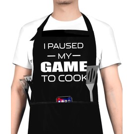 I Paused My Game to Cook - Funny Cooking Apron for Men, Women - Adjustable Bib Grill Aprons with 3 Pockets -Mothers Day, Fathers Day, Birthday, for Mom, Dad, Wife, Husband, Friends