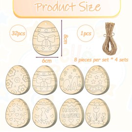 nuneoeuo 32PCS Easter Decorations Wooden Eggs for Crafts, Unfinished DIY Easter Tree Decorations, Wooden Egg with Blank Cutouts for Painting, Woodens Pendant Used by Individuals Aged 15 and Above