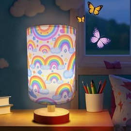 Rainbow Lamp, Girls Lamps for Bedroom, 3 Level Dimmable Wood Nightstand Desk Base Flaxen Fabric Shade for Bedroom Living Room, Rainbow Night Light Gifts for Girls