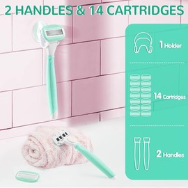 Las maquinillas de afeitar para mujer incluyen 2 asas antideslizantes y 14 recambios de cuchillas con un soporte de ducha, 5 cuchillas de alta calidad
