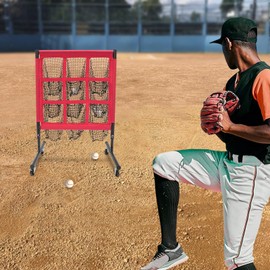 9 Pocket Pitching & Baseball Net with Target Pockets, Rolling Pitcher Trainer Net Height Adjustable Softball Baseball Golf Training Equipment with Strike Zone for Hitting and Pitching