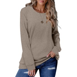 CRAZY GRID Tunic Tops for Women Solid Color Pullover Plus Size Crew Neck Long Sleeve T Shirts Khaki 3X-Large