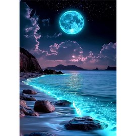MAXBYE Diamond Paintings of Beach, Beautiful Moon Diamond Art Kits for Adults, 5D Moonlit Beach Dreamscape Diamond Art Kits, Diamond Paintings for Home Décor Items, Extra 30% Diamonds, 12x16in