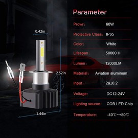 Chemini H3 LED Headlight Bulb 60W 12000LM Replace for Car Headlight Conversion Kit of Halogen Bulb or Xenon Bulb High/Low Beam 6500K White(pack of 2)