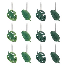 Tropical Leaf Decorative Shower Curtain Hooks Green Botanical Shower Curtain Rings, Resin, Monstera Deliciosa Strelitzia Reginae Leaves Shower Curtain Hangers for Bathroom, Set of 12