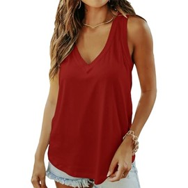 Smile Fish Women Summer Deep V Neck Tank Top Loose Fit Flowy Sleeveless Shirt Cotton Burgundy Red,XL