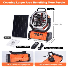 GBEOSMO 20000mAh Solar fan, Camping Fan with Solar Panel, 10W Rechargeable Solar Powered Fan for Outside, LED Lantern, Quiet Battery Operated Tent Fan for Picnic, Barbecue, Fishing, Travel (Orange)