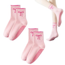 FloralGrace 3 Pairs White Cute Cross Pilates Socks With Grip For Women Cotton Yoga Non-Slip Crew Socks Workout Ballet Gifts Tennis Socks Ladies 39 42