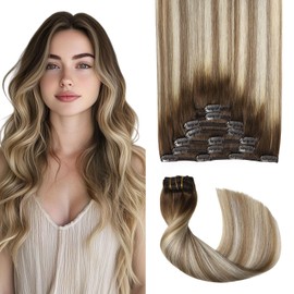 Sweetmet Pro2.0 Remy Clip in Extensions Real Human Hair #3/8/22 Walnut Brown to Ash Brown and Golden Blonde Clip in Hair Extensions Real Human Hair 18inch Thick 120g 7pcs Double Weft（#3/8/22-18inch）