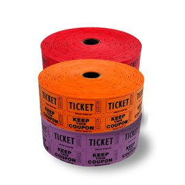 Raffle Tickets - 4 Rolls of 2000 Double Tickets 8, 000 Total 50/Raffle Tickets Dark Assorted Colors Red, Blue, Purple, Orange
