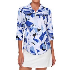 Tanst Sky Women's Golf Top, Polo Shirts for Woman Plus Size 2X Zip Up Collared 3/4 Sleeve SPF 50 Apparel Ladies Tennis Workout Pickle Ball Loose Fit Athletic Outfits Geometric Blue XX-Large
