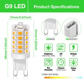 BUBO G9 LED Bulb 2700K Soft White 430 Lumens, 3W Equivalent 40W T4 G9 Halogen Replacement, 360°Beam Angle 120V Non-Dimmable No-Flicker G9 Light Bulbs for Crystal Chandelier Lighting, 6 Pack