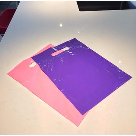 NEW - Extra Thick 1.5mil - 50 Glossy Merchandise Bags, Retail Shopping Bags, 9" X 12" with Die Cut Reinforced 3" Fold Over Handle, No Gusset (Pink)
