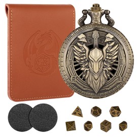 Mini DND Dice Set with Bronze Hollow Paladin Knight Warrior Pocket Watch Shell Case, DND Gifts with Dice Bag, 7pcs Polyhedral Metal D&D Dice Set, DND Starter Set, Role Playing Board Games Accessories