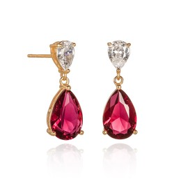 Diamond Treats Gold Plated 925 Sterling Silver Earrings for Women with Red Cubic Zirconia Stones, Ruby Red Earrings for Women, Gold Drop Earrings for Women, Ruby Red Teardrop Earrings for Women