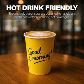 Smygoods 12oz Paper Coffee Cups, Disposable Hot Cups 12 oz, To-Go Coffee Cup, Bright Yellow Good Morning!, No Lids, 100 Pack