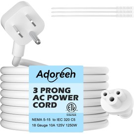 Adoreen 45 Degree Angled Flat Plug Mickey Mouse Replacement Laptop Power Cord 2 Ft, Seamless 5-15P to IEC 320 C5 3-Prong Universal AC Cable for PC Notebook Printer Dell HP TV, 18AWG, ETL+Ties-White