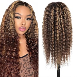 4/27 Highlight Deep Wave Lace Front Wigs 13x4 180% Density Curly Human Hair Wigs for Black Women Ombre Wet and Wavy Wig with Baby Hair 16 Inch
