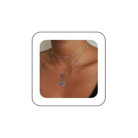 Andelaisi Boho Layered Sunflower Necklace Choke Silver Sun Pendant Necklace Vintage Sun Choker Necklace Silver Satellite Chain Necklace Jewelry for Women