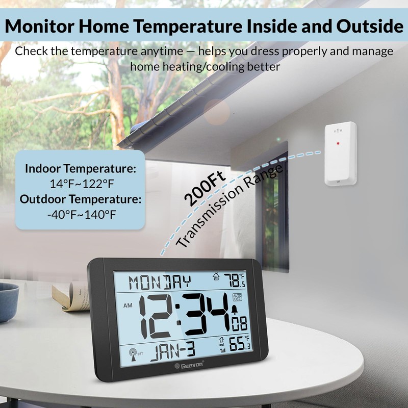 Geevon Atomic Clock with Indoor Outdoor Temperature–10.8'' Self-Setting Digital Wall