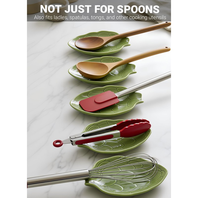 Green Leaf Spoon Rest, Ceramic Utensil Holder for Stove Top