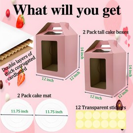 GODCDKC Cake Boxes - 2 Pack Tall Cake Box 12x12x14 Inch Disposable Layer Carrier with Window Large Tierd Cake Out Transport Containers with Handle for Wedding, Birthday, Party