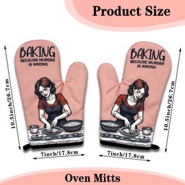 NAHMAKNE 2 Pack Funny Bake Lover Oven Mitts, Baking Because Murder is Wrong, Vintage Lady Heat Resistant Mitts, Humorous Baking Gifts for Mom Wife, Birthday Gifts for Women Hostess Chef Friend Baker