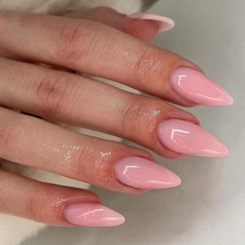 SXVME Rose Pink False Nails Medium, Acrylic Press on Nails Almond Solid Color Full Cover Fake Nails Medium Stiletto Stick on Nails for Women DIY Nail Art 24 Pcs