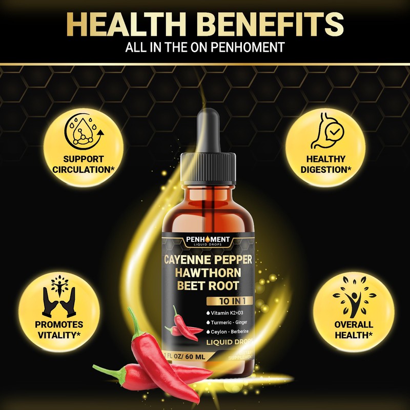 Penhoment 10in1 Cayenne Pepper Liquid Drops + Hawthorn Berry, Vitamin