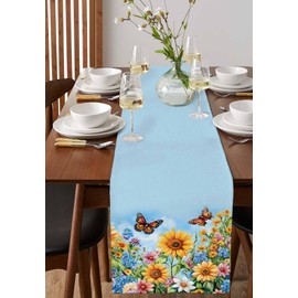 Linen Table Runner,Summer Watercolor Sunflower Butterfly Dresser Scarf Kitchen Dinning Tabletop Covers Decor for Indoor Outdoor Party Holiday Wedding Rustic Pastoral Floral Plant,13x70in