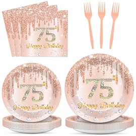 96 Pcs Rose Gold 75th Birthday Party Plates and Napkins for Girls Rose Gold Party Supplies Pink Happy 75 Years Birthday Party Tableware Set for 24 Guests Party Decorations