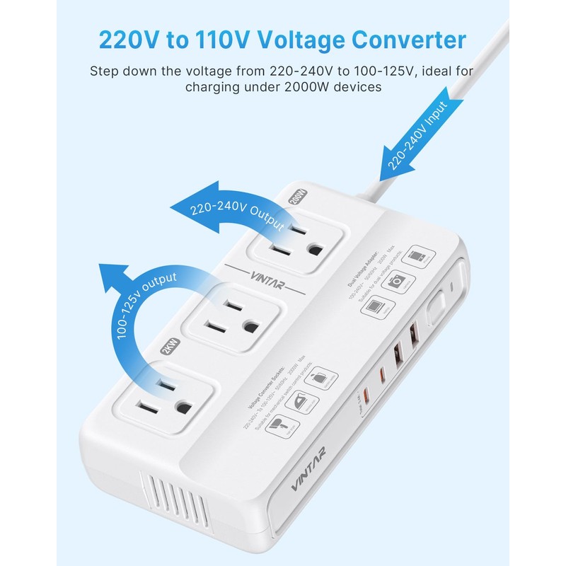 220V to 110V Voltage Converter, VINTAR 2000W Universal Travel Adapter