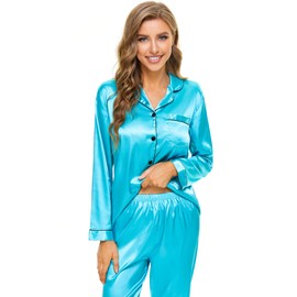 SWOMOG Womens Silk Satin Pajamas Set Long Sleeve Button Down Sleepwear 2 Piece Lounge Set Pj Set XS-3XL Cyan Small