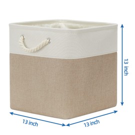 Temary Cube Storage Baskets 4 Pack 13x13 Fabric Cube Storage Bins for Clothes, Large Baskets Boxes with Handles, Canvas Basket for Organizing Towels, Collapsible Storage Baskets (White&&Khaki)