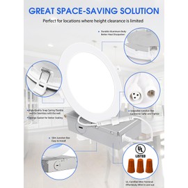 E ENERGETIC LIGHTING 12 Pack 6 Inch Ultra-Thin LED Recessed Ceiling Light with Junction Box, Daylight 5000K, 1050LM Brightness, 12W 110W Eqv, Dimmable Canless Wafer Downlight - ETL & FCC Certified