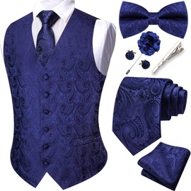 Barry.Wang Men's Blue Waistcoat Paisley Formal Suit Vests Tie Bowtie Set Jacquard Clip Hanky Cufflinks Lapel Pin Wedding 8PCS