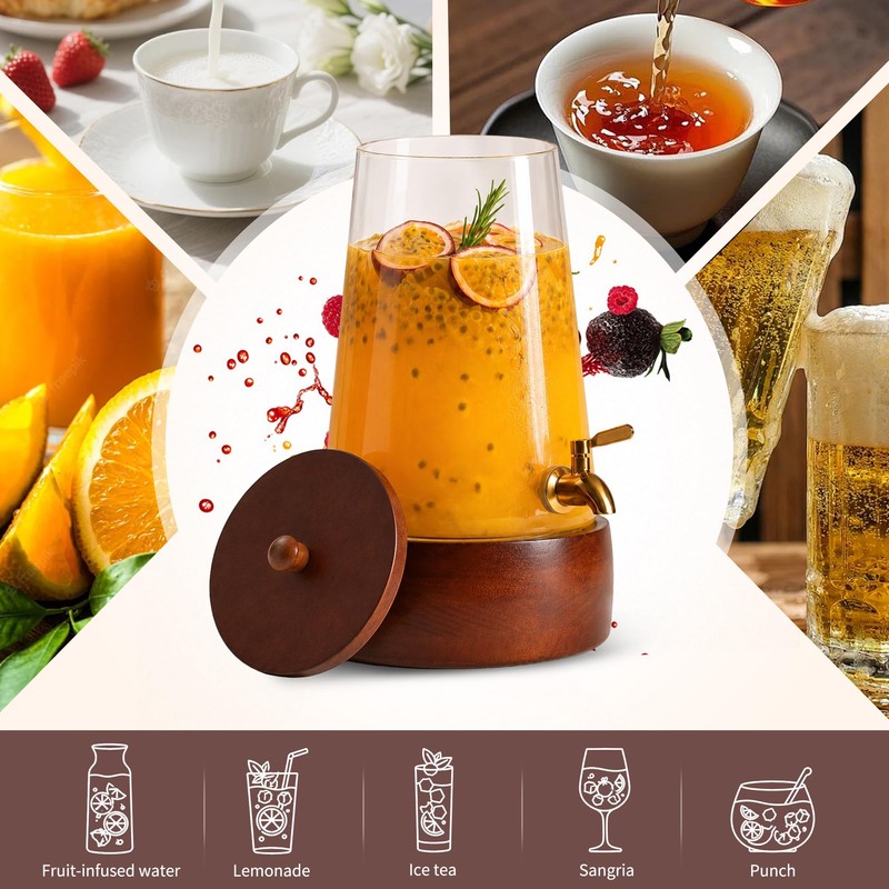 Glass Drink Dispenser with Spigot, 1.72 Gallon, Acacia Wood Stand