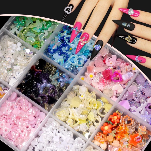 3D Mix Assorted Color Nail Charms Acrylic Multi Pink Blue Purple White Heart Flower Butterfly Bowknot Cute Nail Charms Hollow Pearls Jewelry Nail Charms for Nail Art Design DIY Crafts Accessories