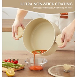 Stock Pot with Lid, 6 Quart Pot with Nonstick Cream Interior, Nonstick Soup Pots with Cool-Touch Heart-Shaped Handles, Stylish Cooking Pots with Lid, Induction Compatible, Cream Color