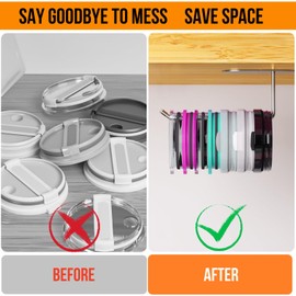 CUXIXA Tumbler Lid Organizer, Stainless Steel Tumbler Lid Holder Under Cabinet, Self Adhesive or Drilling Tumbler Lid Storage Hook, Cup Lid Organizer Wall Mount for Kitchen Cabinet (2, Silver)