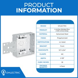 OHLECTRIC 4-Pack 4" Welded Square Steel Electrical Box with 1/2 & 3/4-Inch Knockouts | 2-1/8" Deep Junction Box with MC Clamps & Front Bracket | Ideal for Lighting Fixture, Switches & Receptacles