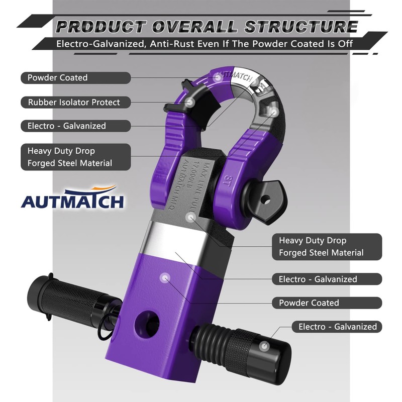 AUTMATCH Shackle Hitch Receiver 2" with 3/4" Mega D Ring