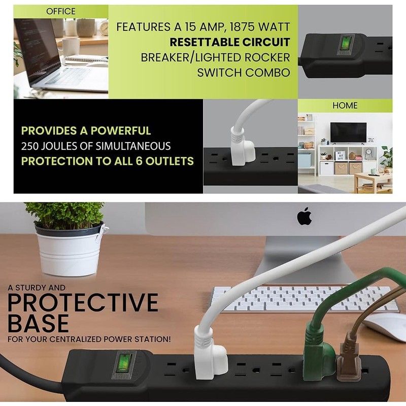 GoGreen Power Inc. (G-16106MSBK-2) 6 Outlet Surge Protector, 6FT Cord,