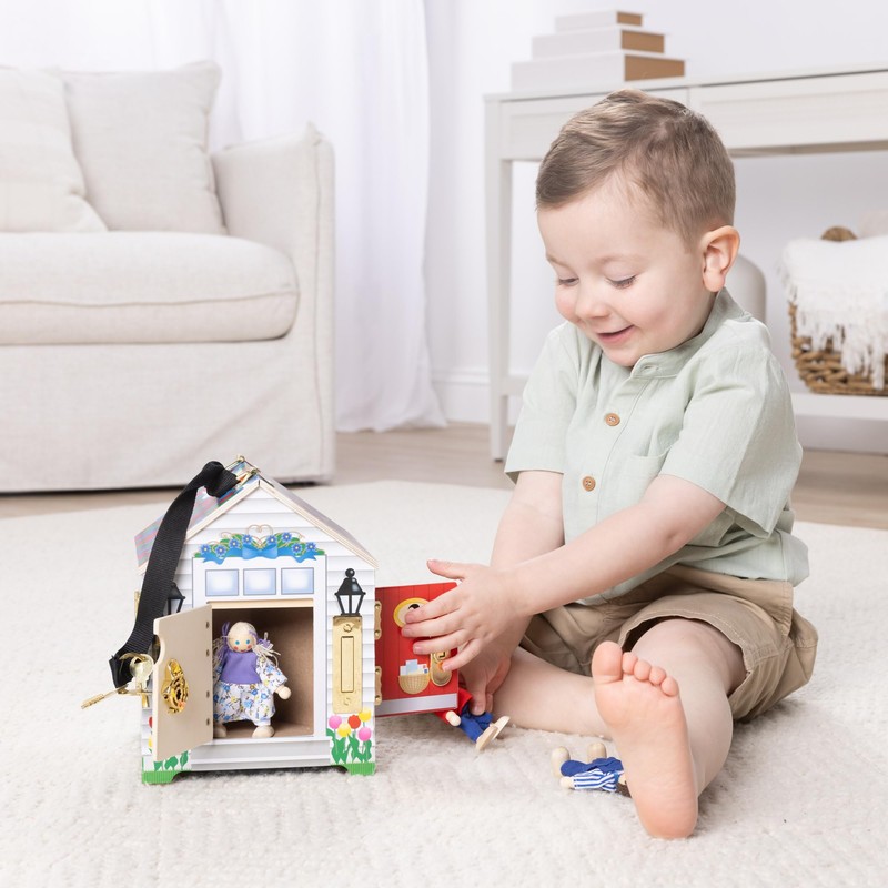 Melissa & Doug Take-Along Wooden Doorbell Dollhouse, Doorbell Sounds, Keys,