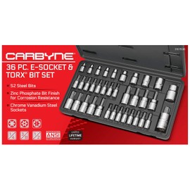 CARBYNE Torx Bit Socket & E-Socket (eTorx, External Torx) Set - 36 Piece, S2 Steel Bits | 1/4-inch, 3/8-inch & 1/2-inch Drive
