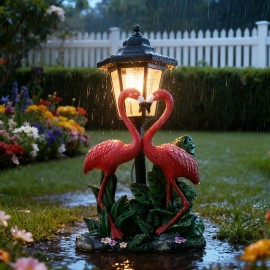Solar Powered Flamingo Couple Garden Lantern with Heart-Shaped Pose, Red Resin Bird Statue with Vintage Light for Outdoor PatioColor: Pink, Size: One Size