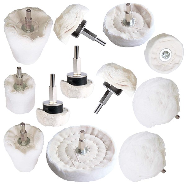 Polishing Pad Buffing Wheel Kit White Flannelette 12 Pack, Buffing Wheel for Drill for Metal Aluminum Stainless Steel Chrome Wood Plastic Ceramic Glass Woods Fabric Cotton Machine Jewelry etc